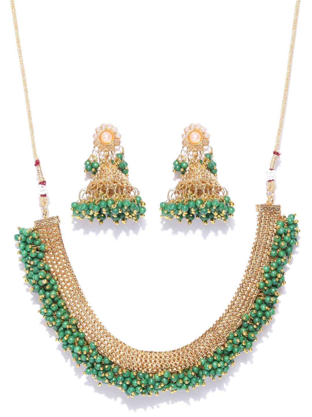YouBella Gold-Toned  Green Beaded Textured Jewellery Set